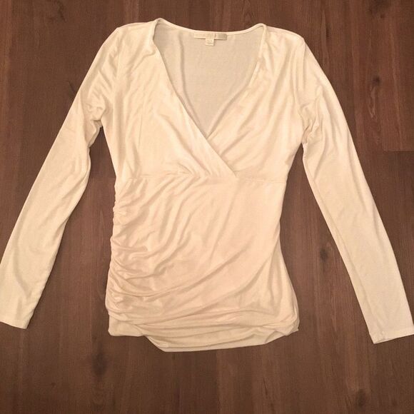 Boston Proper Cream Wrapped Ruched Long Sleeve Blouse - Picture 2 of 4